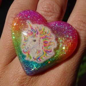 Lisa Frank Rainbow Unicorn Handmade Y2K 90s Bright Iridescent Resin Heart Ring
